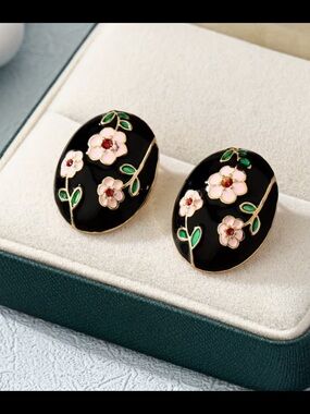 Classic Black Enamel Floral Stud Earrings - Pink & Green
